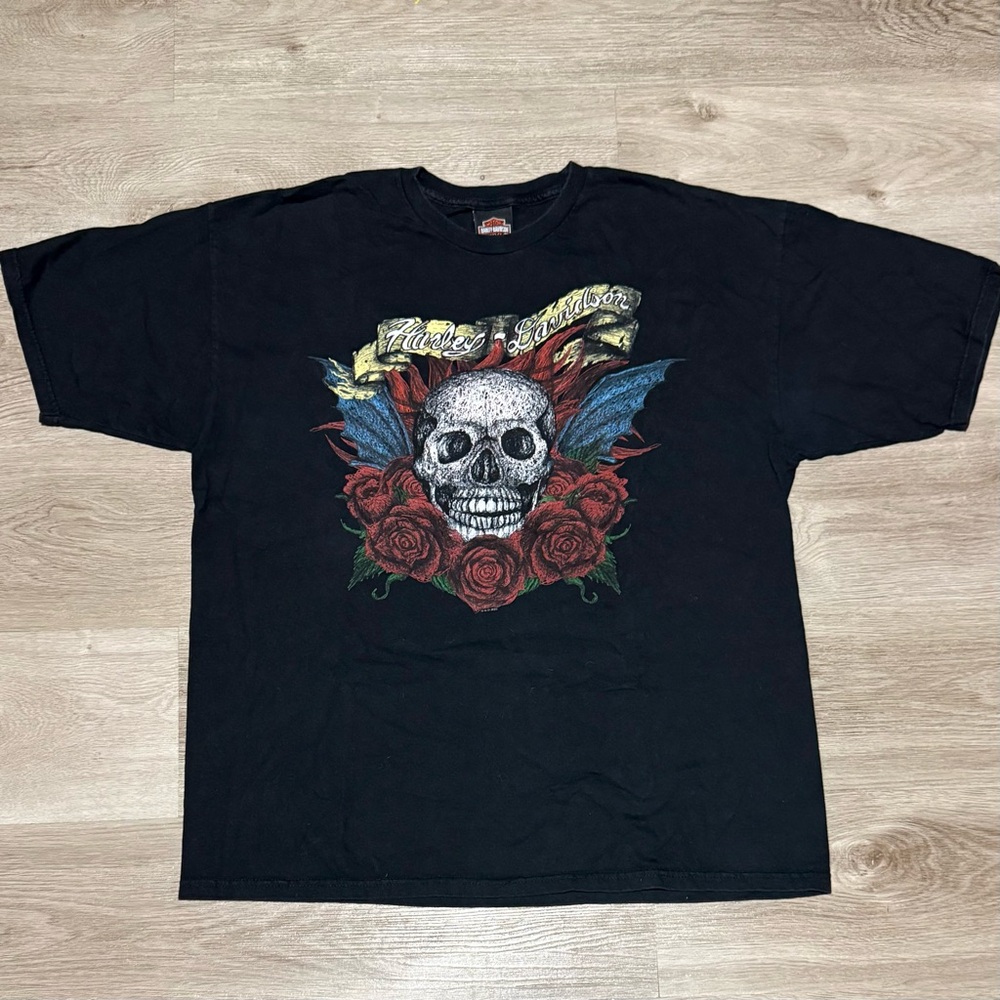 Harley Davidson Skull Roses Wings Jacksonville Graphic  Tshirt Black Men’s Sz XL